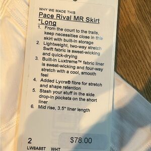 Women’s Lululemon white tennis skirt. Size 2. Brand new.